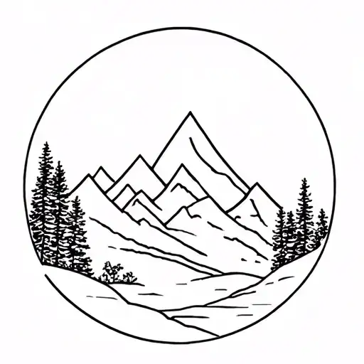 Minimalistic Forest And Mountains Contained In A Circle