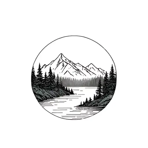 Forest And Mountain With River Contained Within A Circle