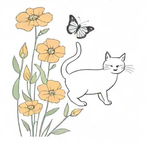 Black And White Cat Chasing A Butterfly With Flowers