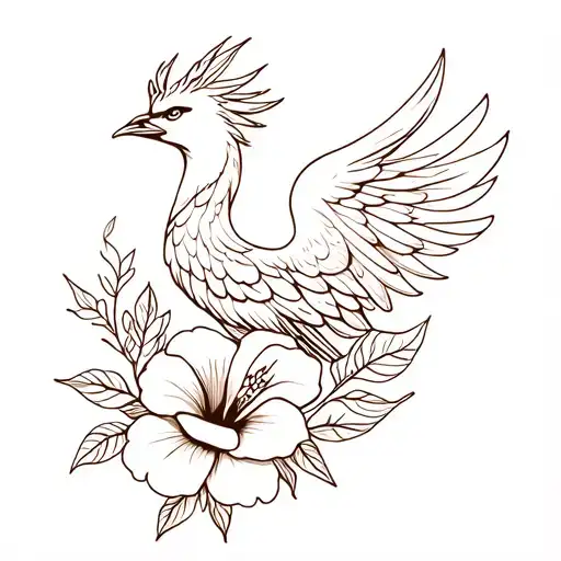 Phoenix Bird With Hibiscus Flower Intertwined In A Bohemian Style