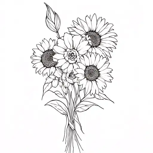 Rose Gladiola Sunflower And Daisy Bouquet Fine Line