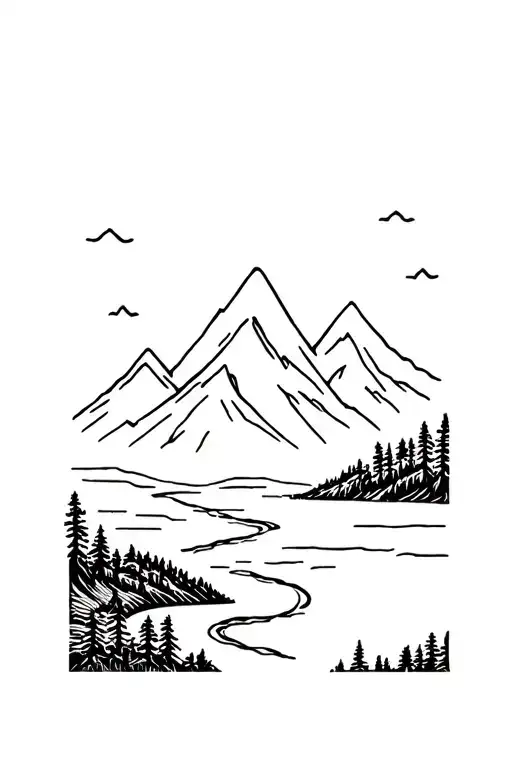 Mountain Range With A River Running