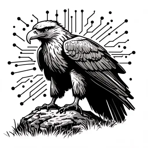 Eagle Standing On A Rock Over A Field Of Circuit Board Leads In A Sketch Style
