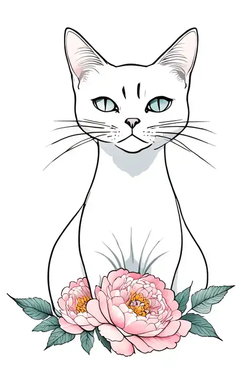Cat Outline And Peonies Blooming In The Background