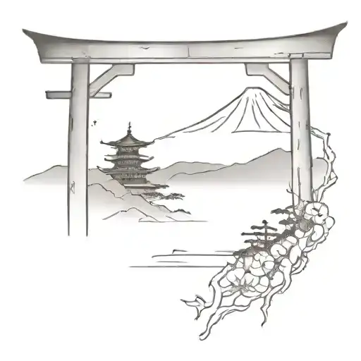 Japanese Torii Gate With Mount Fuji In Background And Samurai Sword