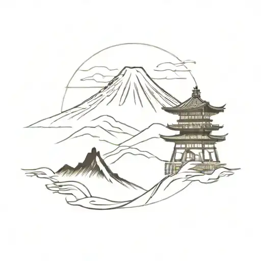 Japanese Mount Fuji Tori Gates Samurai Sword Intertwined