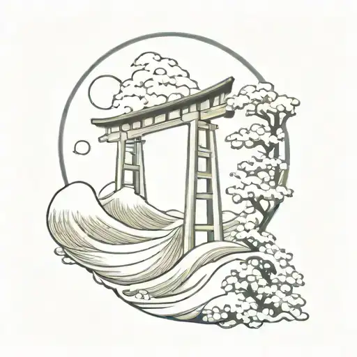 Torii Gate Great Wave Within Circle