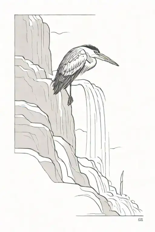 Grey Heron Perched On A Waterfall Flowing