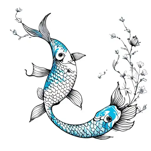 Koi Fish And Flowers Intertwined