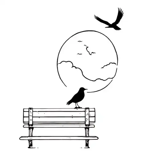 Bench With Bird And Moon Above