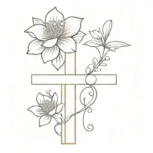 A Cross With Cherry Blossom And Water Lilly Flower