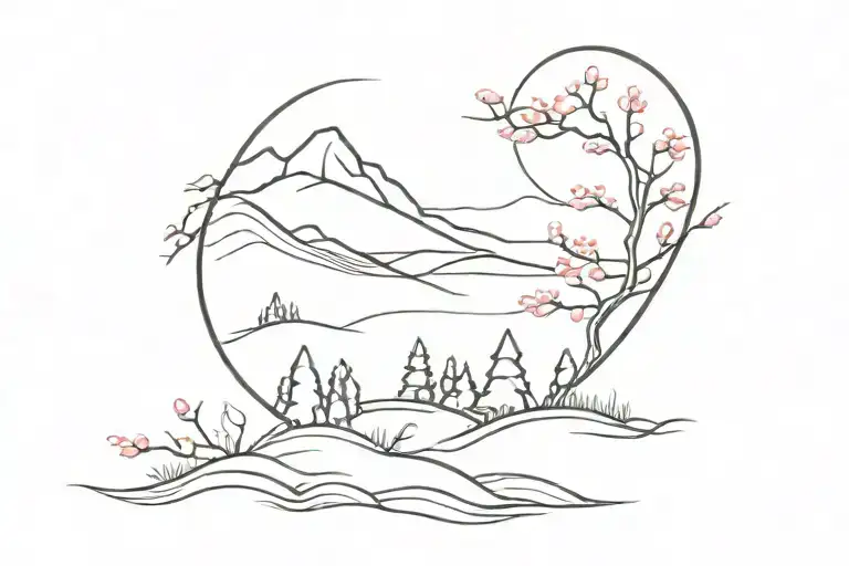 Korean Landscape With Cherry