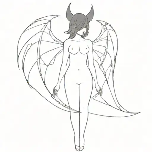 Full Body Girl No Face With Bat Wings And Pointed Ears And A Forearm Tattoo With Swirls