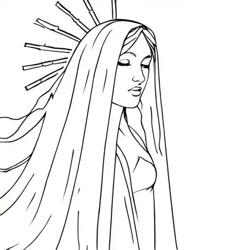 Witchy Women Facing Side Slightly Wearing Veil And Rays Around Head Simple Outline Style