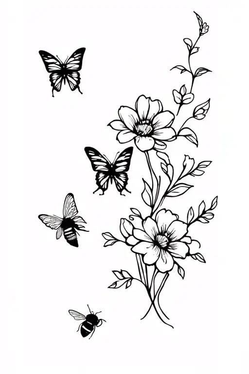 Flowers Butterflies And Bee Flying