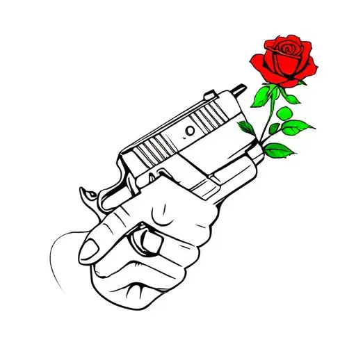 Simple Black Outline Style Of Hand Shaped Like A Gun With A Singular Rose Coming Out Of It