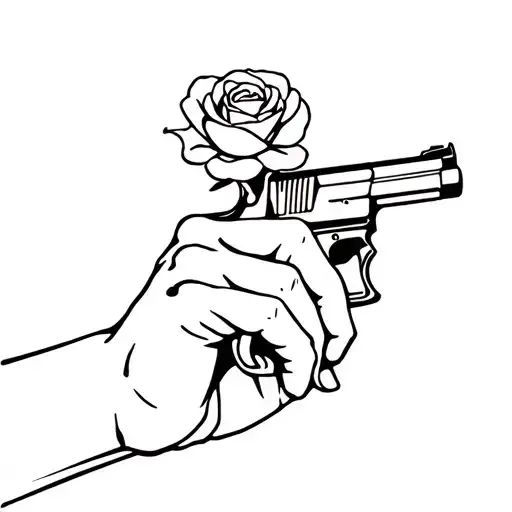 Simple Black Outline Style Of Hand Doing A Finger Gun With A Singular Rose Coming Out Of It