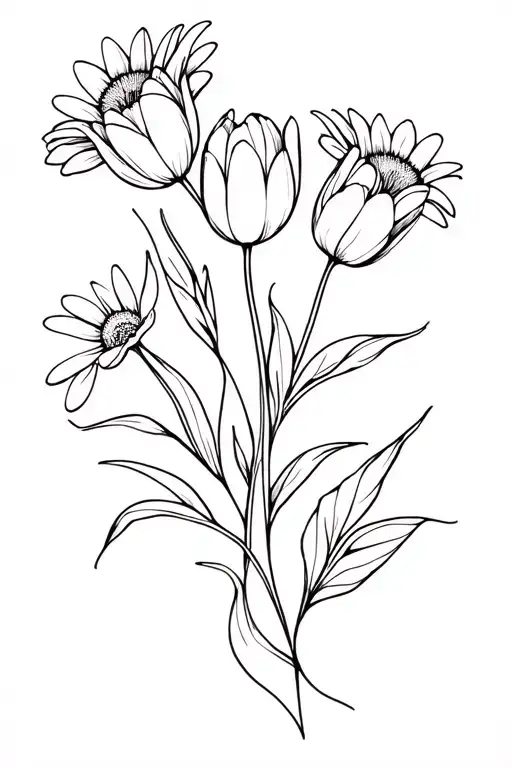 Tulips And Daisies Combined With A Vine