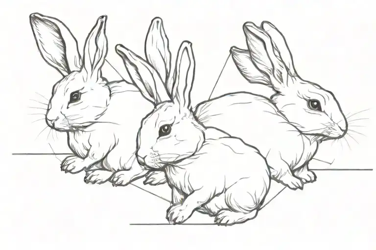 A Single Line 3 Rabbits Spaced On The Same Thin Black Line