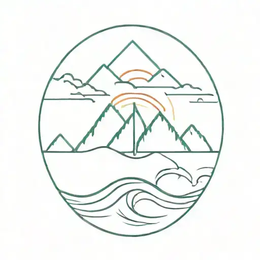 Mountain With 2 Waves And A Surfboard Floating