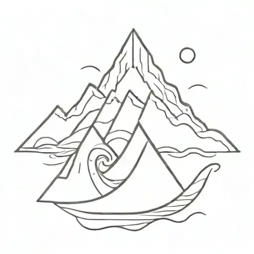 Mountain With 2 Waves And A Surfboard