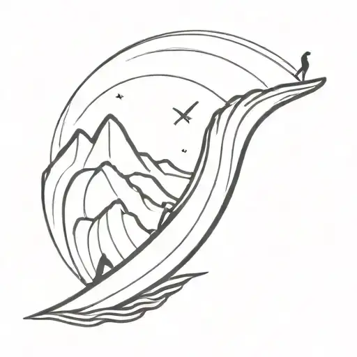 Mountain With 2 Waves And A Surfboard Leaning