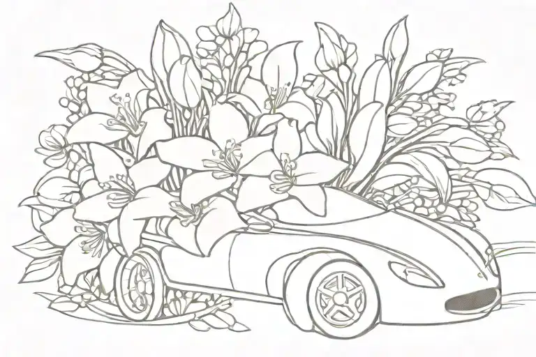 F1 Car Line Drawing With Lilies Of The Valley And Roses