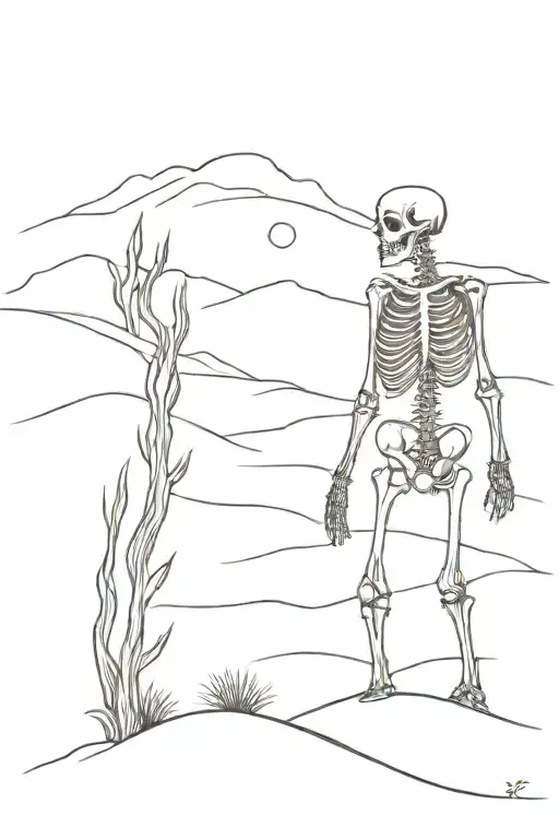 Skeleton Sulking In The Desert With A Sun On The Horizon