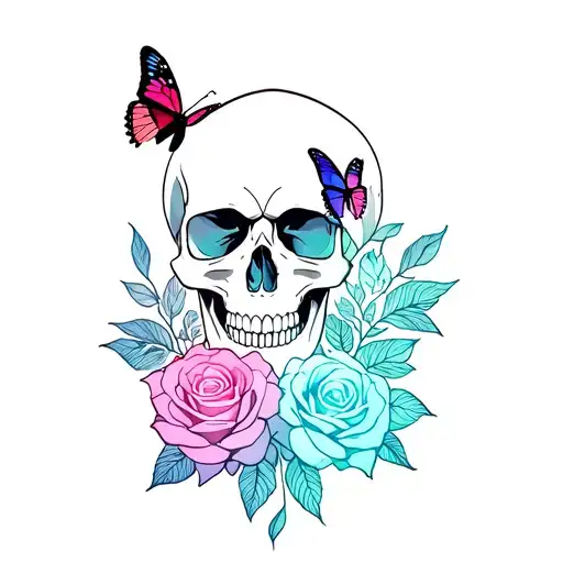 Skull And Roses With Butterflies Colourful