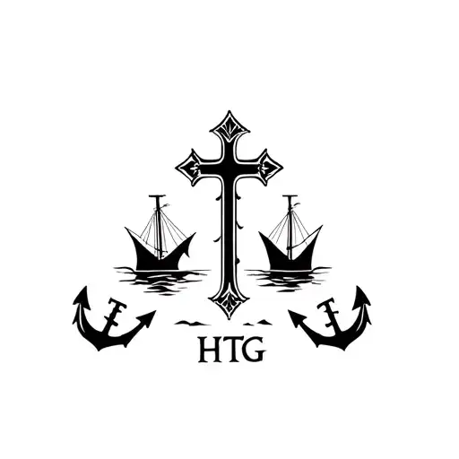 Old Rugged Cross Surrounded By Two Boats And An Anchor With Initials Htg