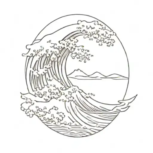 Vertical Tattoo Of Great Wave And Mount Fuji Line Work