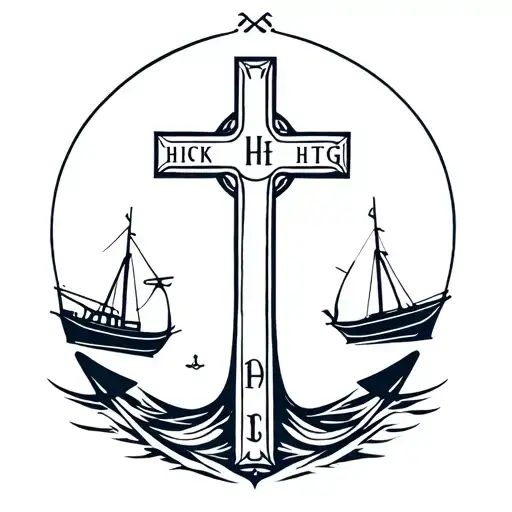 Old Rugged Cross Surrounded By Two Fishing Boats And 1 Anchor With Initials Htg