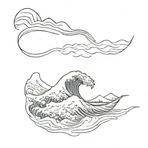 Horizontal Tattoo Of Great Wave And Mount Fuji Line Work