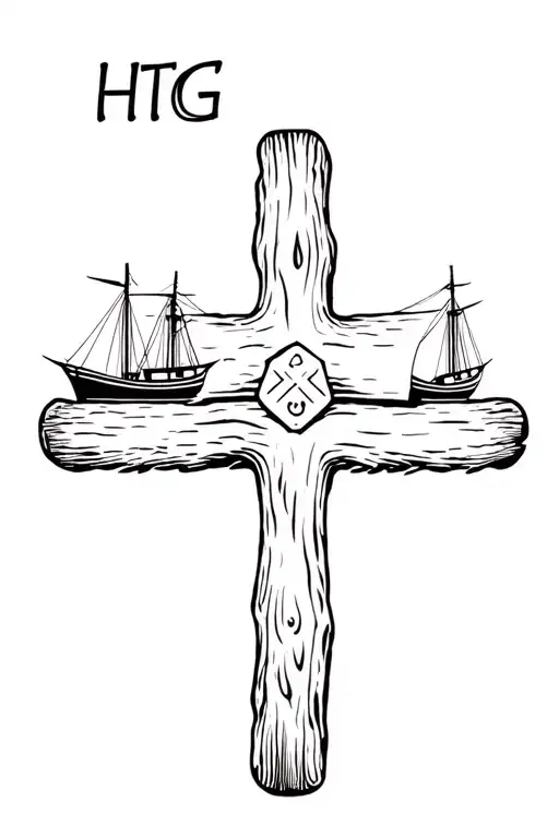 Old Rugged Wooden Cross Surrounded By Two Fishing Boats And 1 Anchor With Initials Htg