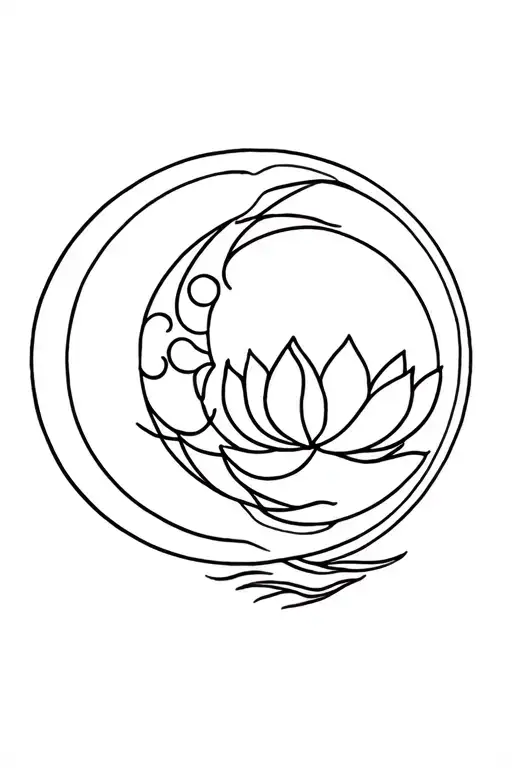 Half Moon And Sun And Lotus Flower Intertwined