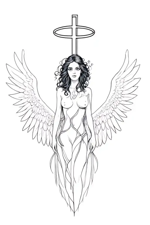 Fallen Angel Cross Halo Cyber Sigilism Style Beautiful Woman