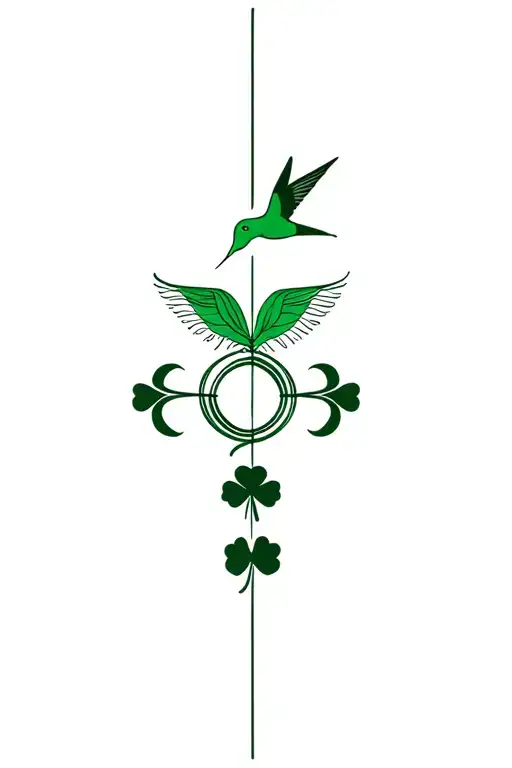 A Minimalist Design Combining An Unalome Symbol With A Shamrock And A Hummingbird