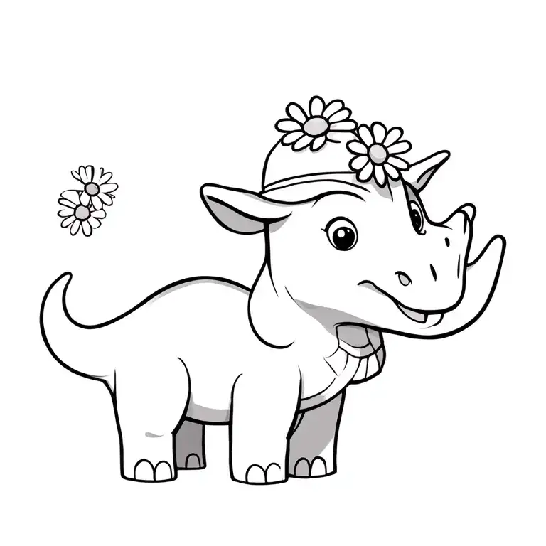 Cartoon Happy Triceratops With Daisy Flower Hat Hanging