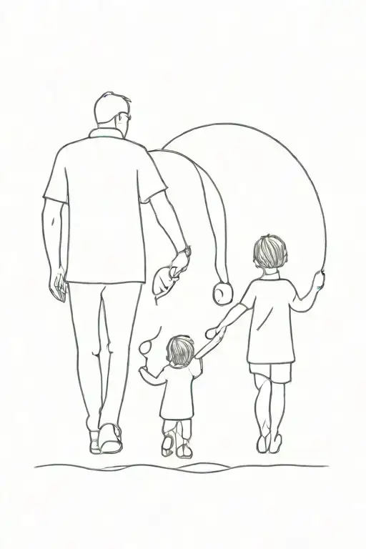Dad Walkin With Two Child Holding Hands
