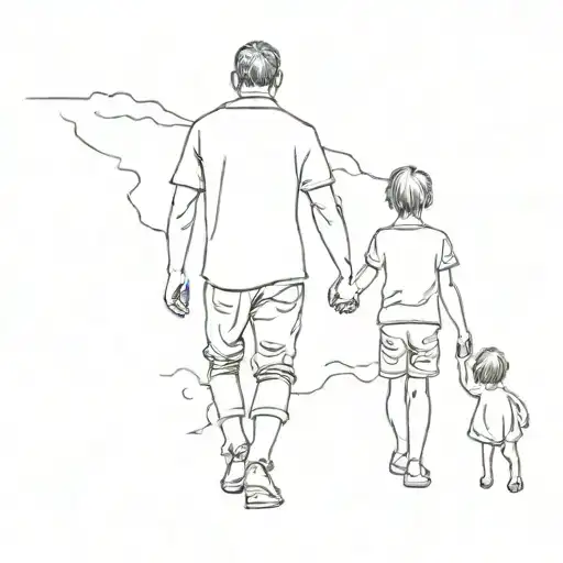 Dad Walking With His Son And Daugter