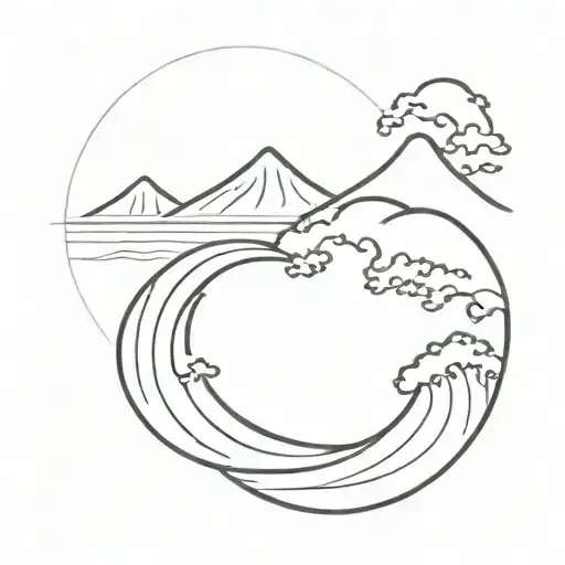 Japanese Great Wave And Mount Fuji Background Fine Line