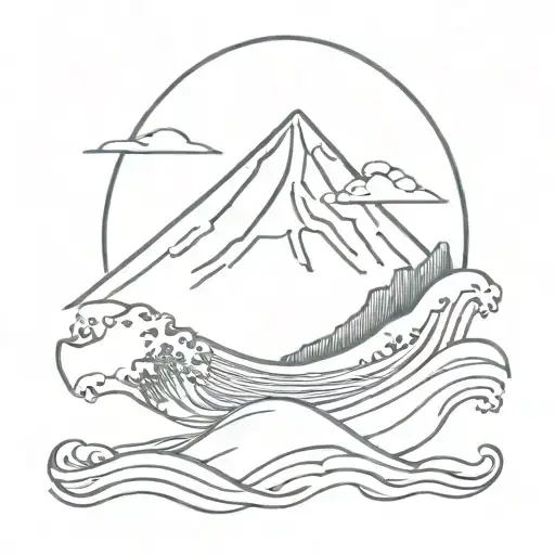 Japanese Great Wave And Mount Fuji Background Fine Line Geometric