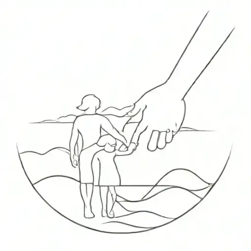 A Minimalist Design Of A Beach Sunset With A Father And Daughter Holding Hands