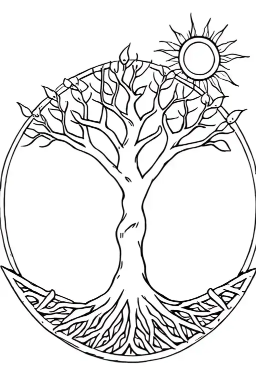 Simple Tree Of Life Without Coloring And Sun In Aztec Style On The Right Top Side Of The Tree