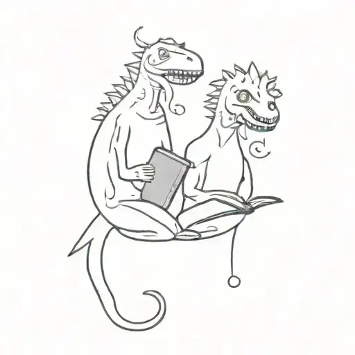 A Ghost And A Dinosaur Reading Books Together