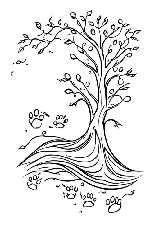 Waves With Tree Of Life Tree And Cat Paws Connected