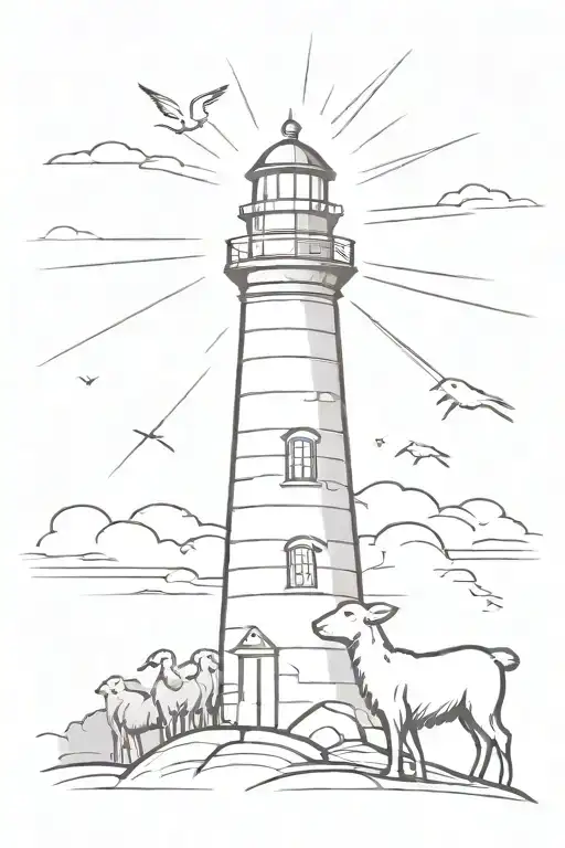 Lighthouse With Light Rays Shining On A Shepard Holding A Little Lamb In His Arms