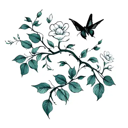 Vine With Leaves And Flowers And Humming Birds And Butterflys