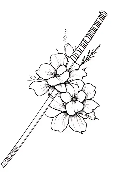 Katana Tattoo And Flowers With Fine Lines