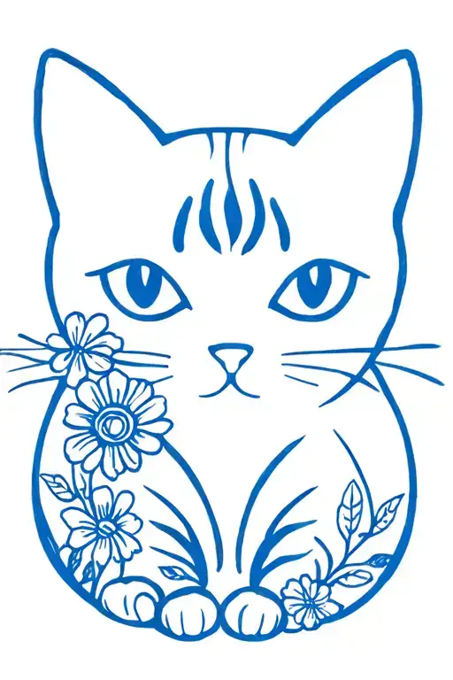 Outline Of Blue Russian Cat With Flowers
